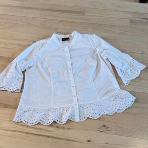 Bob Mackie Wearable Art Embroidered Scalloped White Button Down Shirt-Eyelet-1X